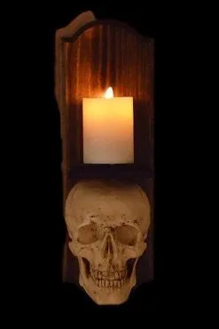 Skeletons And More "Classic Skull Wall Sconce Style II W/ Ivory Flameless Candle" Haunted House Lighting